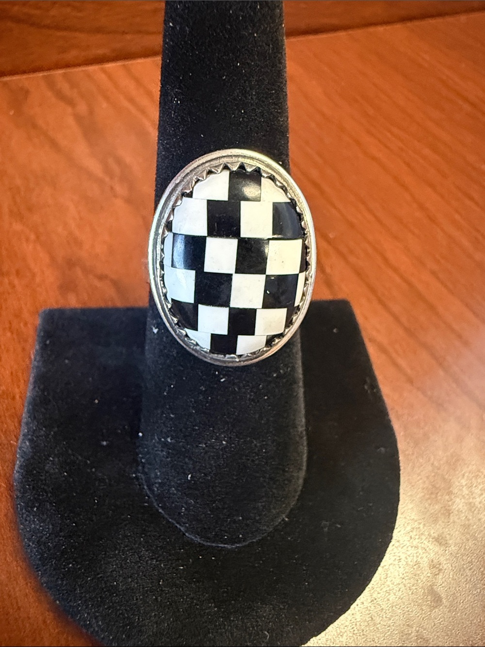 New 925 Sterling Silver Stone Inlay Black Onyx & White Checkered Oval Ring